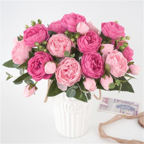 

30cm rose pink silk peony artificial flowers bouquet 5 big head and 4 bud fake flowers for home wedding decoration indoor