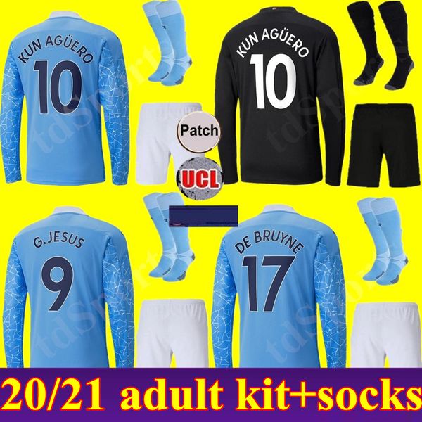 

men 20 21 manchester long sleeves kun aguero city soccer jerseys 2020 2021 sterling football shirts de bruyne kit full set uniform, Black