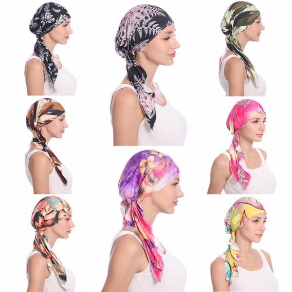 

new printed women india hat muslim ruffle cancer chemo beanie scarf turban two tail wrap cap daily wear y, Blue;gray