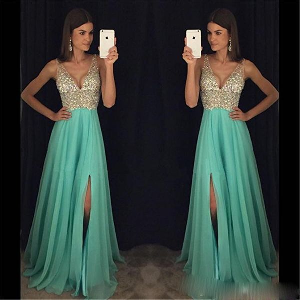 

v neck sheer hand beading blue crystals long prom dresses floor length backless party evening dress vestidos de graduacion, Black