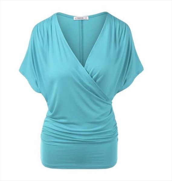 

women shirt 2020 women summer t shirt ruched v neck batwing short sleeves plus size t shirt solid casual loose female, White