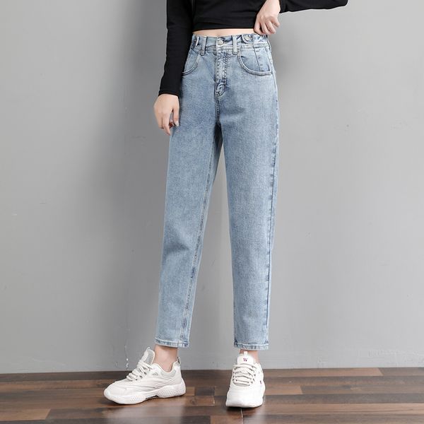 

women's jeans 2021 solid women clothes high waist loose denim pencil pants regular jean mom washed trousers female casual p9483, Blue