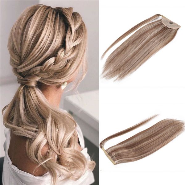 Highlights Wrap-Around-Haar-Pferdeschwanz-Jungfrau-Echthaarverlängerungen, gemischte Farbe, blonde Clip-in-Pferdeschwanz-Remy-brasilianische Haarteile, 100 g
