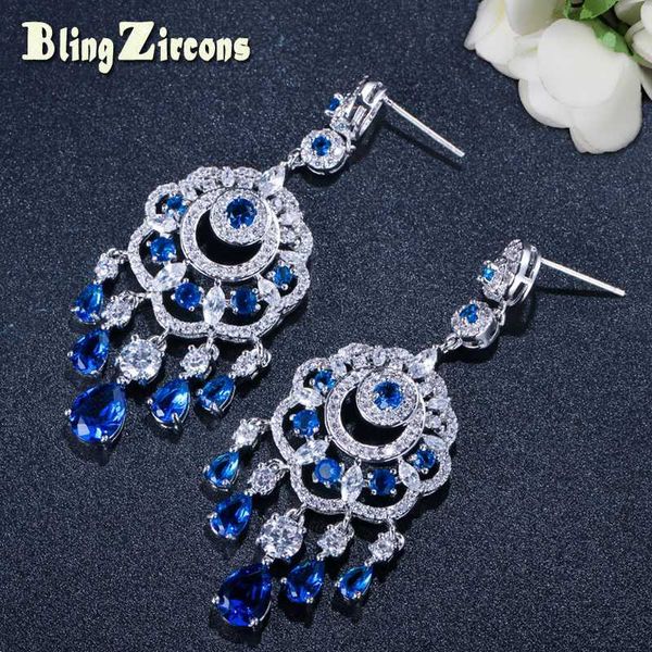 

beaqueen luxury big cz royal wedding jewelry blue cubic zirconia long dangle drop bridal chandelier earrings for women e182, Silver