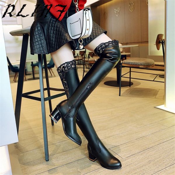 

rlinf 2020 flock leather over the knee boots high heels elastic women's thick and thin, Black