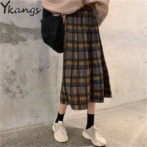 

skirts plus size 3xl midi skirt women long woolen winter loose pleated plaid female warm students autumn 2021 streetwear, Black
