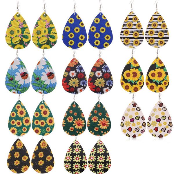 

2020 designers sunflower printed pu leather earring bohemian dangle drop earrings colorful waterdrop ear lucky jewelry christmas sale d9208, Silver