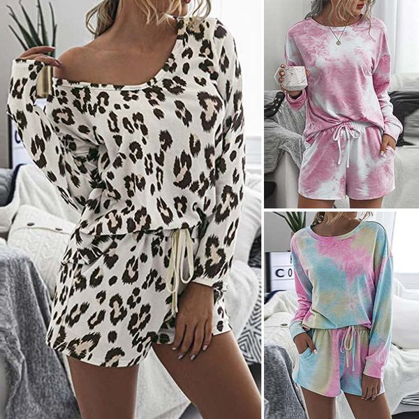 

2020 women sets autumn casual basic two piece suits long sleeve shirts elastic waist shorts female printed lace up homewear, Gray