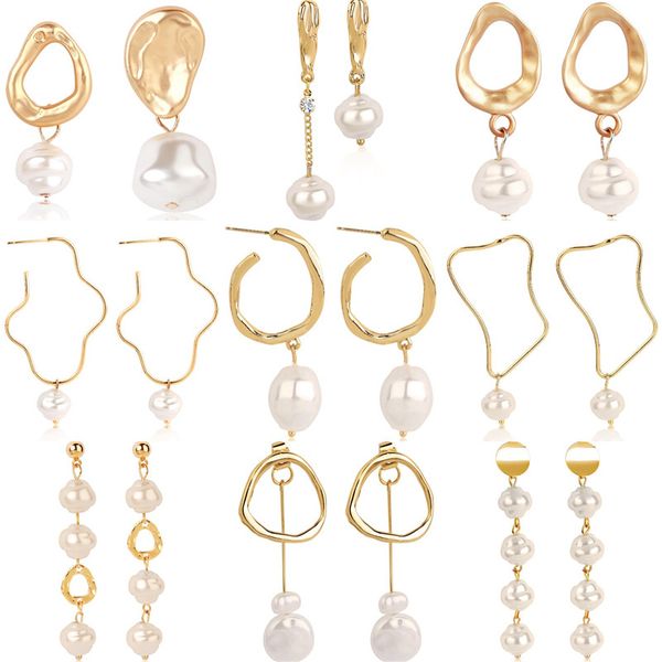 

new vintage gold геометрическая круглый нерегулярное имитация pearl серьги для женщин перл мотаться серьги падения свадебные украшения, Silver