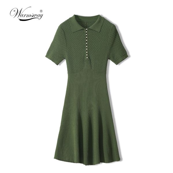 

2020 summer women turn-down collar knitting dress pearl buttons short sleeve slim high waisted dress casual a line c-178, White;black