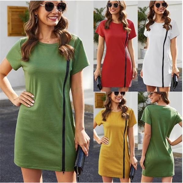 

round neck spring dresses womens designer dresses zipper skinny summer womens bodycon dresses solid color slim short sleeve, Black;gray
