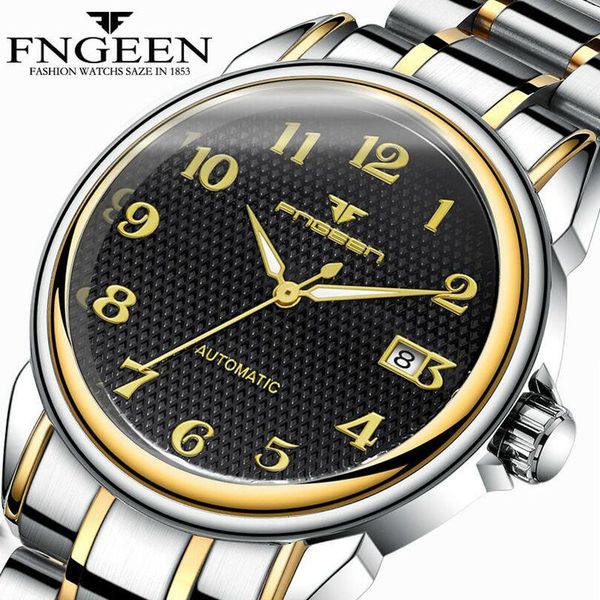 

fngeen new fashion stainless green automatic mechanical watches business men luxury watch casual calendar wristwatches male gift, Slivery;brown