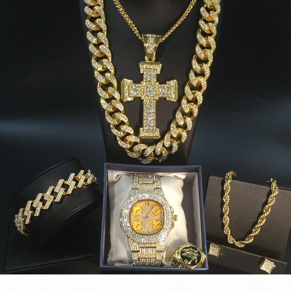 

men's golden watch hip hop men necklace watch + necklace + bracelet ring combo set iced outed cuban golden jewelry set, Silver