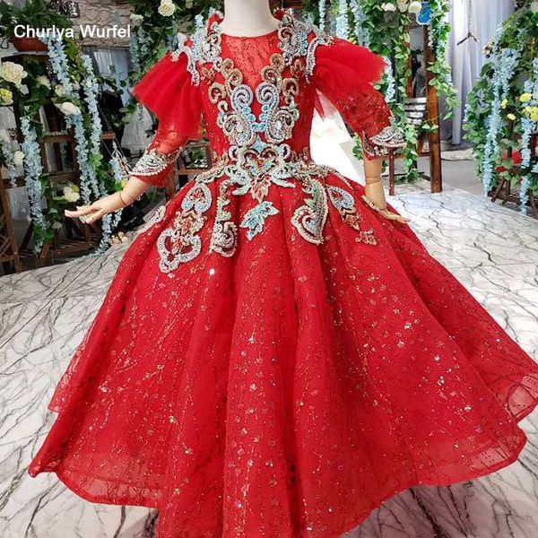 

lss521t red vintage flower girl dresses for weddings beaded puffy sleeves ball gown vestidos de niÃ±a de las flores, Red;yellow