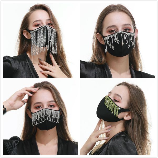 

long tassel rhinestone face mask protetive masks crystal diamond sparkle reusable washable cotton face cover for teenager anti dust