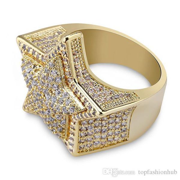 

pentagram stereo ring micro-inlaid with zircon and european and american hip hop rings gold and silver color copper ring, Golden;silver