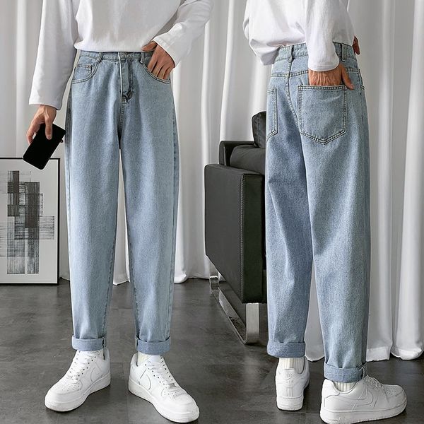 

men's jeans 2021 spring and autumn youth korean pure color fashion casual high waist straight pants sky blue