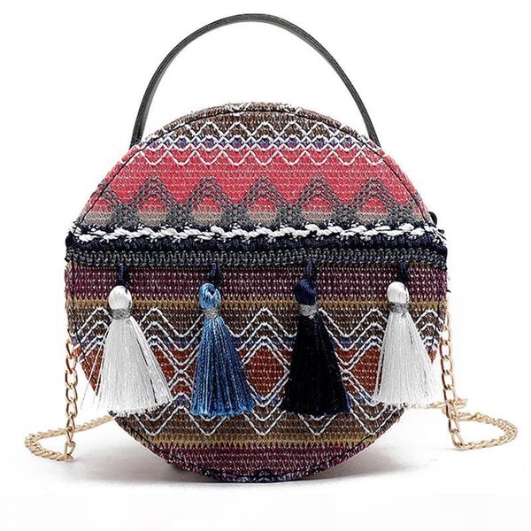 

designer-crossbody bag for women retro shoulder bag with tassel small round straw circular message bag for ladies woven beach handbag