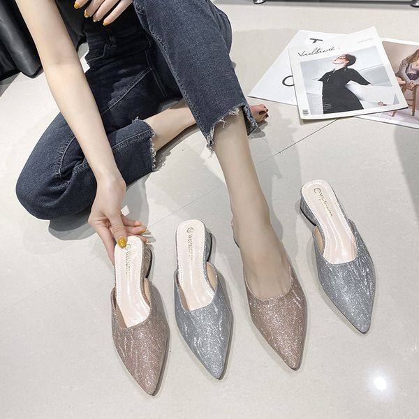 

silver/gold mixed colors closed toe mules slippers women chunky med high hoof heels flip flops outdoor bling pointed toe slides, Black