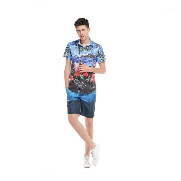 

mens cardigan casual 3d printed palm tree beach printed mens short sleeve shirts dersigners lapel neck, White;black