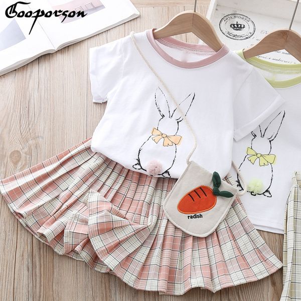 

мода outfit детская одежда отпечатано с коротким рукавом shirtplaid плиссированные юбки симпатичные корейских маленьких девочек одежда набор, White