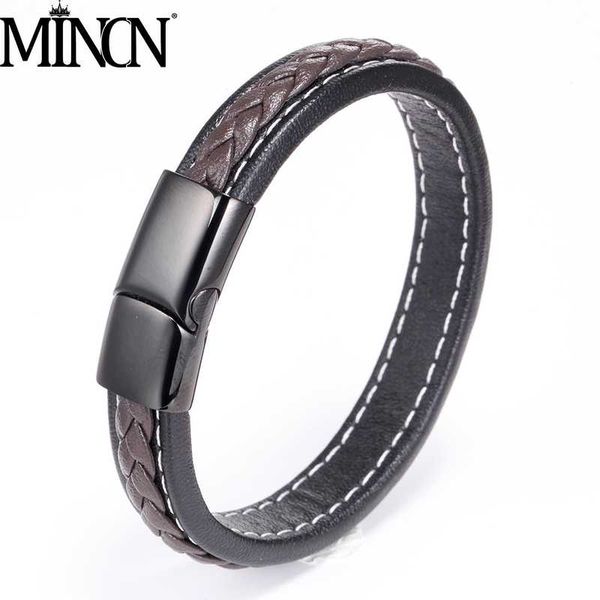 

mincn bracelet men leather braclets men jewelry black/brown braided leather bracelet stainless steel jewelry, White