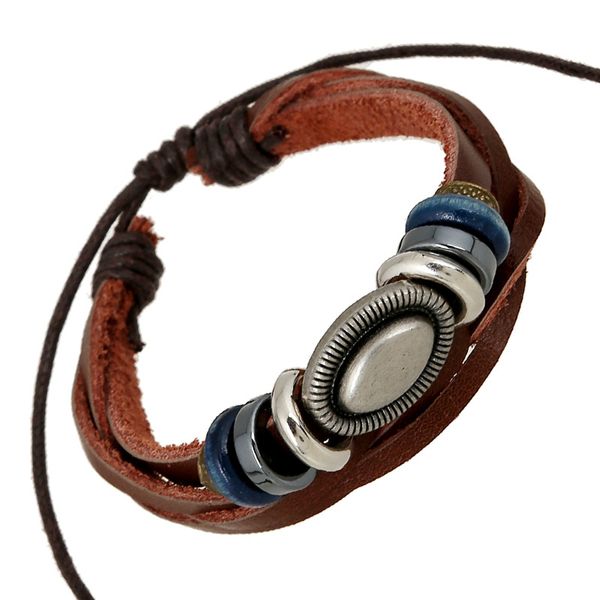 

multi layers hand woven beaded bracelet oval charm strand genuine leather bangle adjustable retro men bracelets manual wristband, Golden;silver