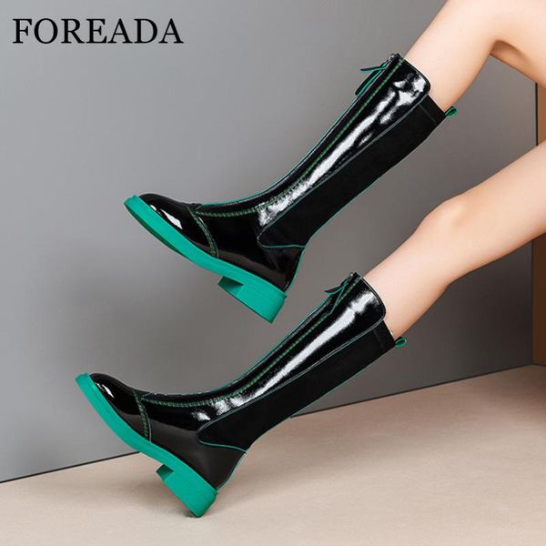 

foreada riding boots woman med heel knee high boots zipper chunky heel long round toe ladies shoes autumn winter green red, Black