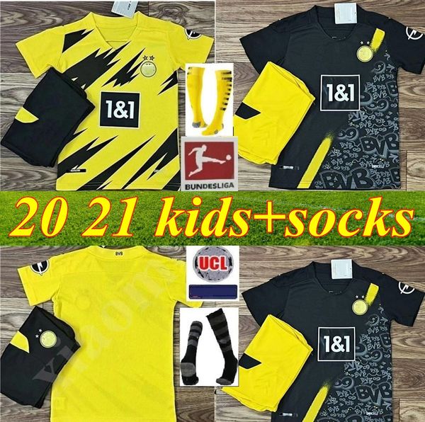 

new 2020 2021 borussia dortmund soccer jersey kids kit football 20 21 maillots de football reus sancho haaland hazard youth football shirts, Black