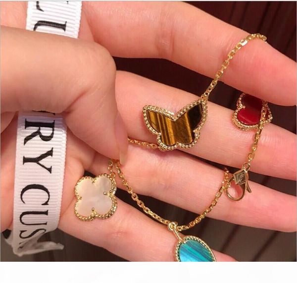 

luxury designer s925 sterling silver five ceramic crystal four leaf clover flowers charm bracelet for women fashion jewelry, Golden;silver