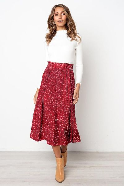 

fashion famale apparel womens polka dot printed pocket skirt spring summer casual fashion pleated skirt, Black
