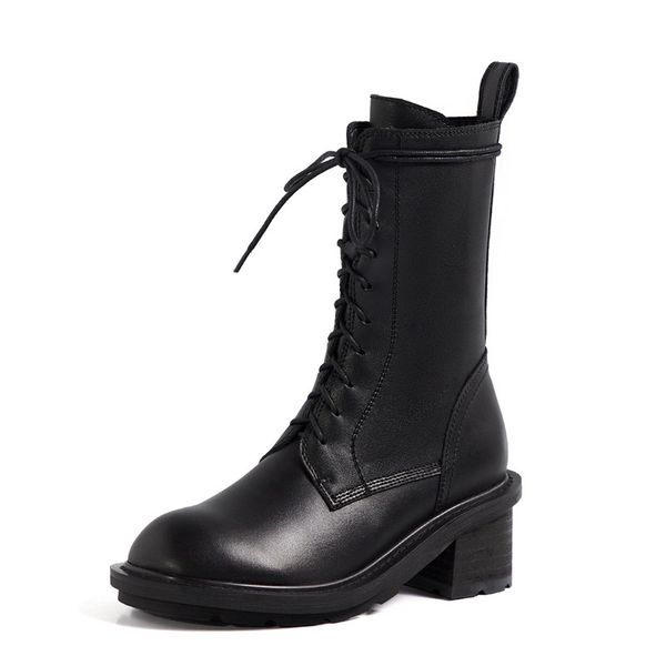 

norberg real leather women boots autumn winter mid-calf western lace-up cross-tied square heel knight boots polyurethane, Black