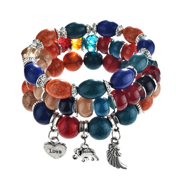 

charm bracelets 3pcs/set fashion boho women semi precious stone beaded bracelet for wing/heart/elephant pendant gift, Golden;silver