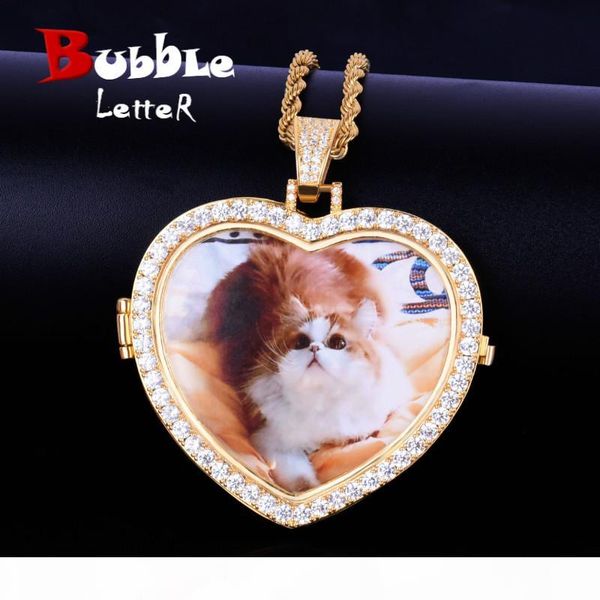 

сшитое фото сердце кулон медальоны ожерелье с 4мм теннис цепь золото серебро цвет кубического циркона мужская хип-хоп ювелирных изделий, Silver