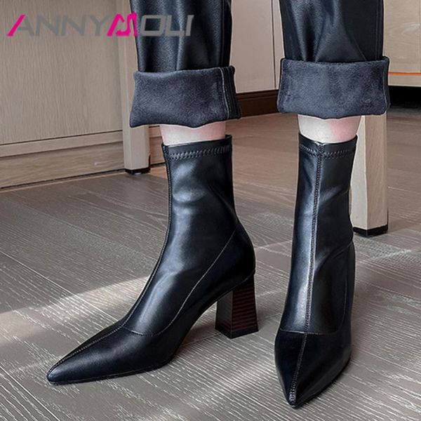 

annymoli женщина сапоги на высоком каблуке ботильоны коренастый пятки острым носом женский короткие осень зима браун большой размер 34-43, Black