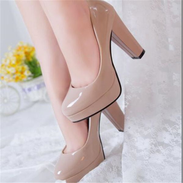 

women pumps shoes women pu leather shallow slip-on round toe high heels wedding party derss shoes mujer plus size 34-42 new, Black