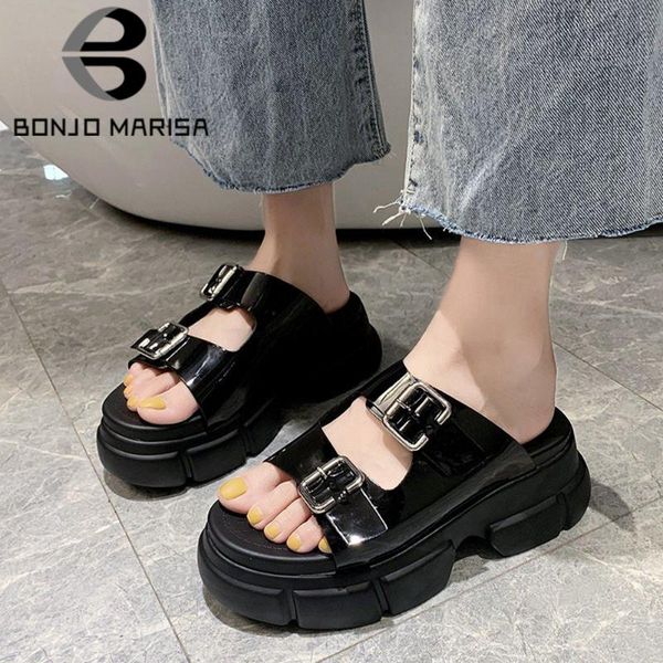 

bonjomarisa leisure female summer solid open toe slip on buckle slippers women wedges platform beach shoes woman, Black