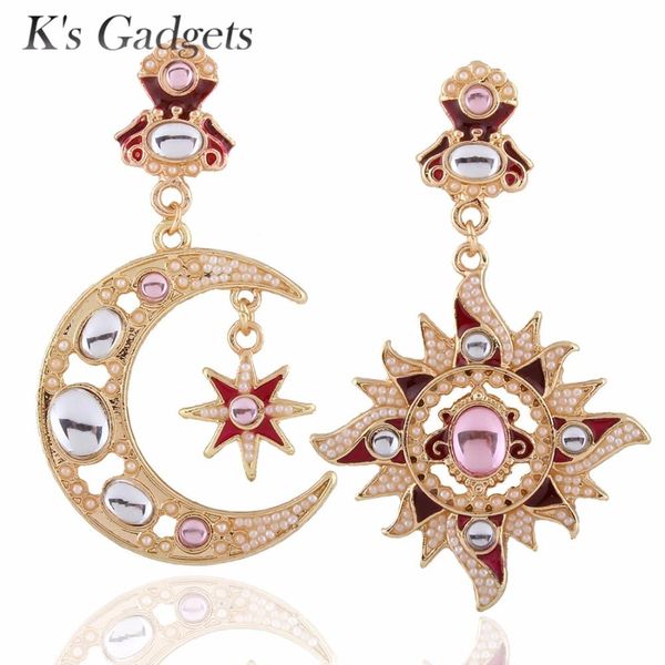 

2017 new luxury romantic crystal sun and moon earrings for women fashion jewelry gold color asymmetric earrings, Golden;silver