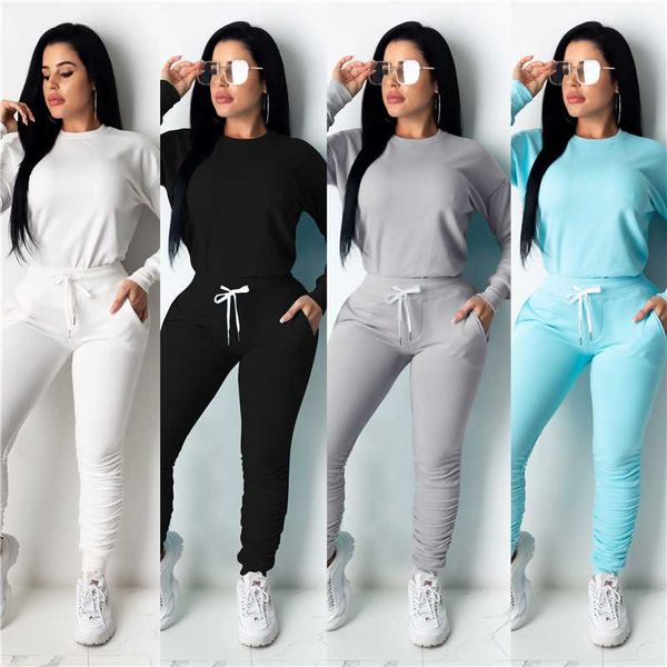 

women's 2 piece tracksuit set long sleeve solid color sweatshirt + elastic waist pants set loungewear, Gray