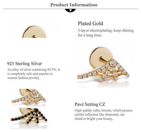 

andywen 925 sterling silver gold threaded web stud earring mini women crystal zircon black left right earfashion women01, Golden;silver
