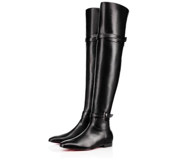 

дизайнерская женщины red bottom биргит boots комфорт walking плоский женщины черный натуральная кожа колено сапоги женские бедра высокие сап, Black