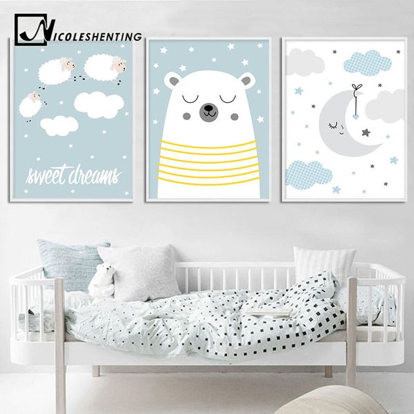 

nursery wall art canvas poster blue cartoon moon cloud print painting simple nordic kids decoration picture boys bedroom decor