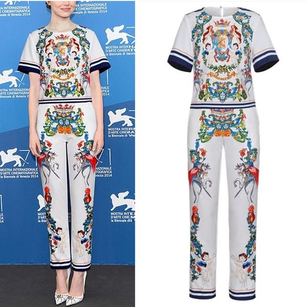 

runway famous stars design 2020 women pants suit vintage retro angels floral print blouses and slim party pants suit ns845, White