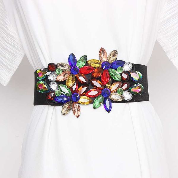 

2020 spring design women waist belt luxury colorful rhinestone waistband flower crystal gem corset belt strech strap for dress, Black;brown