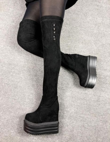 

increased within long boots ladies over-the-knee boots 2020 winter super high heel women's thick bottom wedges high, Black