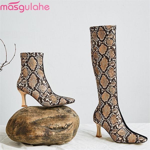 

masgulahe 2020 new fashion style knee high boots women stiletto high heels snake mixed colors spring autumn party prom shoes, Black