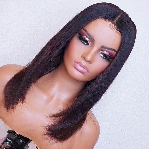 

lace wigs jet black long straight bob wig 5x5 pu silk base front human hair middle part with natural hairline, Black;brown