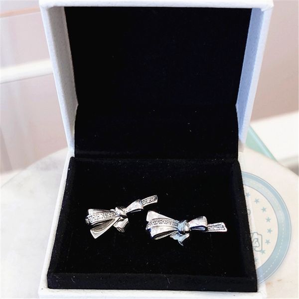 

temperament shiny bow stud earrings 925 sterling silver with cz diamonds for pandora jewelry with box women's gorgeous stud earrings, Golden;silver