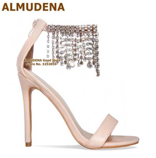

almudena bling bling crystal fringle high heel sandals ankle drape tassel rhinestone wedding shoes strap patchwork glitter pumps, Black