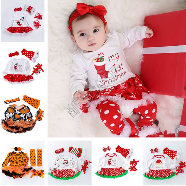 

2020 christmas baby girls rompers long sleeve dress+headband+kneepad+shoes four-piece suit halloween kids pots snow pumpkin jumpsuits d82504, Black;white